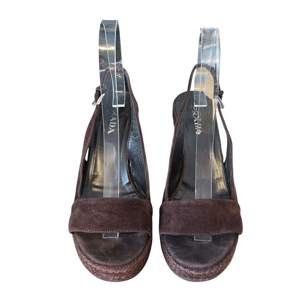 Prada Y2K Vintage Brown Suede Slingback Wedge Chunky Sandals 36.5 - Picture 2 of 10